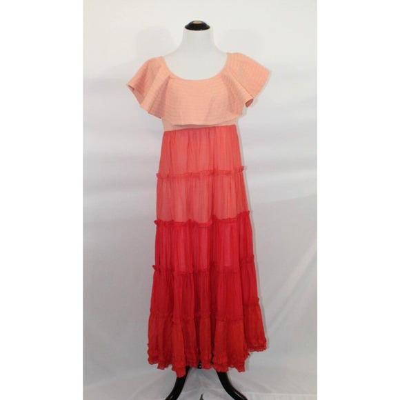 BEULAH Sz M Medium Orange Coral Ombre Ruffled Tiered Maxi Dress - Picture 8 of 8